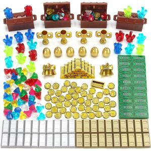 Treasure Gold Gems 230 Pcs Play Money Toy Chest Gold Coins Bars Golden Eggs Trophies Crown Jewels Diamonds Crystals Banknotes Cash Building Blocks Accessories for Medieval Kingdom Pirate