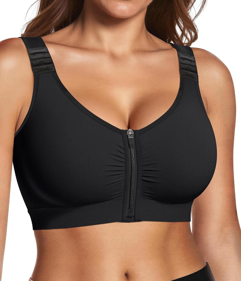 BRABIC Zip Front Closure Mastectomy Bras for Women Post Surgery Compression Everyday Surgical Wireless Wide Adjustable Straps(Black, X-Large) (Black, XL)