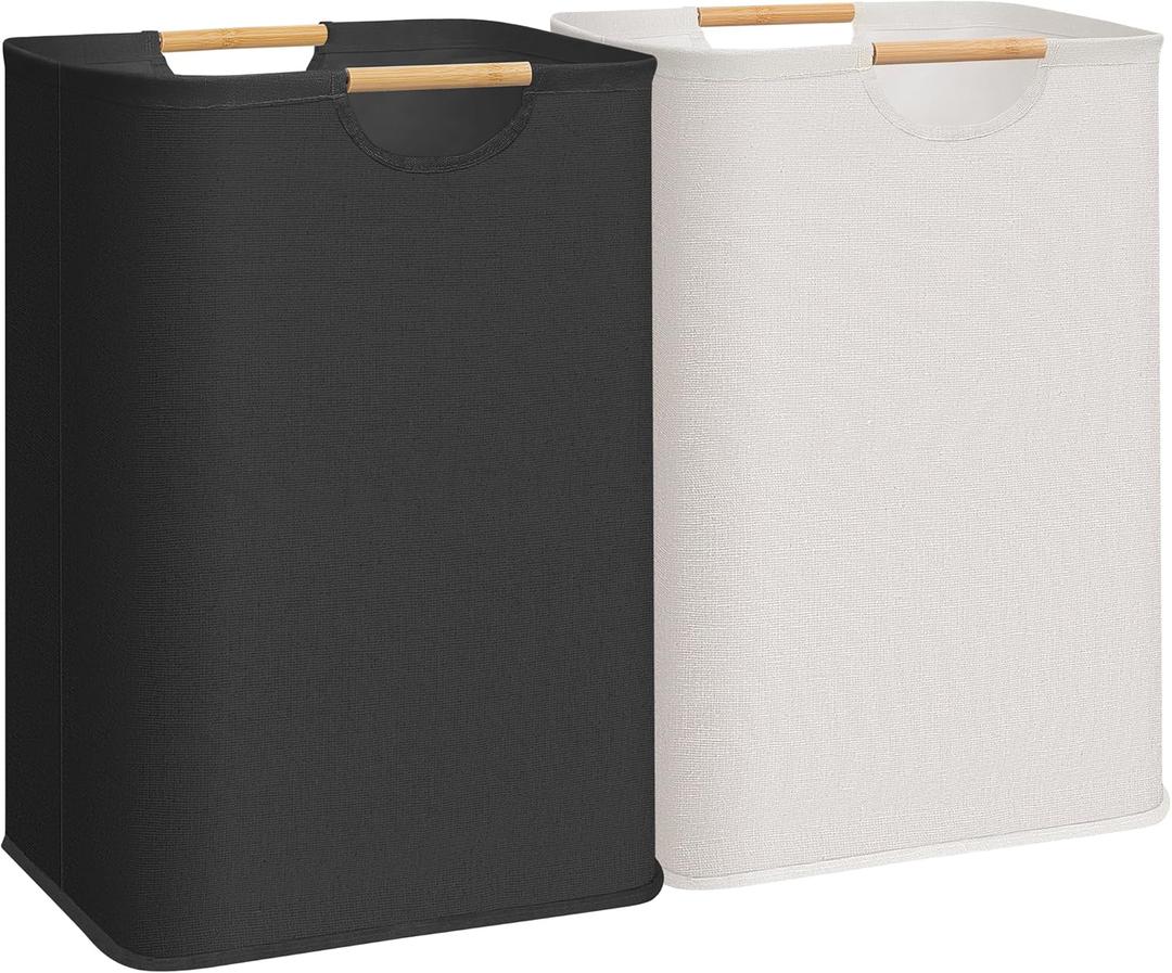 STORAGE MANIAC 2-Pack Large Laundry Hamper, 80L (21.1 Gal) Collapsible Laundry Basket with Bamboo Handles, Freestanding Waterproof Clothes Hamper for Bedroom, Dorm, Towels, Toys, Black+White