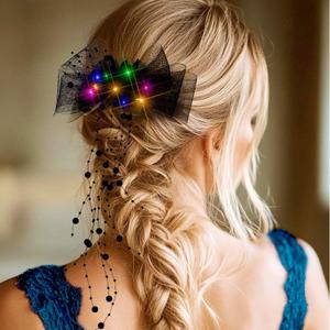 2 x Yokawe LED Light Up Hair Bow Clip,Black Tulle Flower Prom Wedding Costume Accessory with Pearls & Feathers for Women
