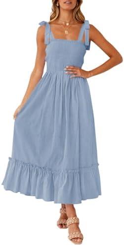 ZESICA Women's 2025 Summer Boho Spaghetti Strap Square Neck Solid Color Ruffle A Line Beach Long Maxi Dress S