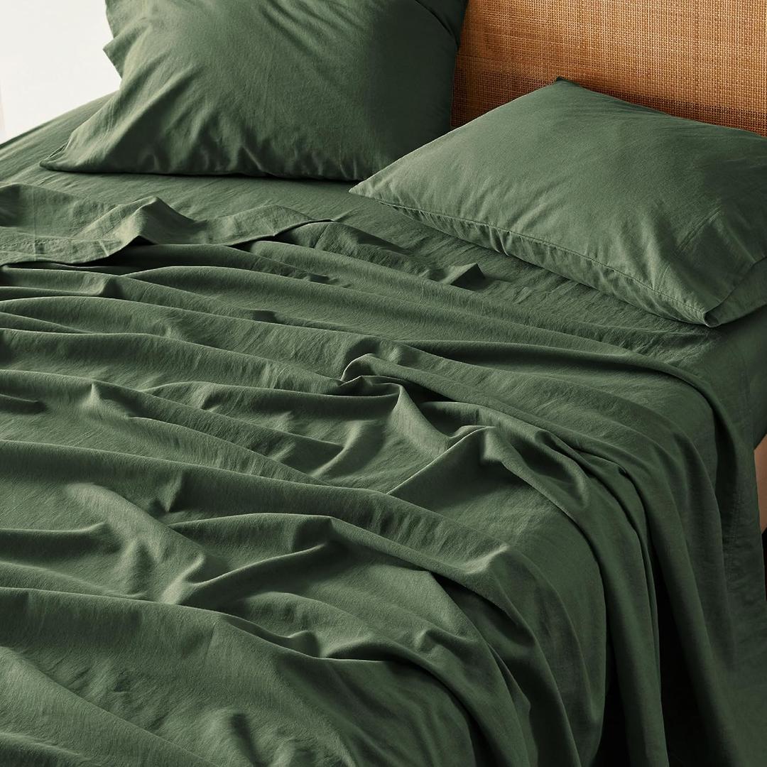 Bedsure King Size Bed Sheets - Cotton Linen Sheet Set, PureWoven Soft, Breathable & Anti-Pilling, Deep Pocket King Fitted Bedsheets Up to 16 Inches, 4 Pieces, Olive Green