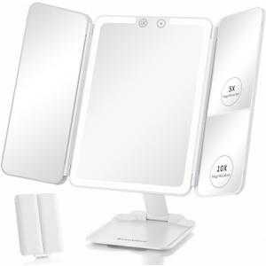 Rechargeable Travel Makeup Mirror with 48 LED Lights, 1X/5X/10X Tri-fold Vanity Mirror with Light, Protable Magnifying Mirror with Light, Stepless Dimming and Touch Control Table Mirror