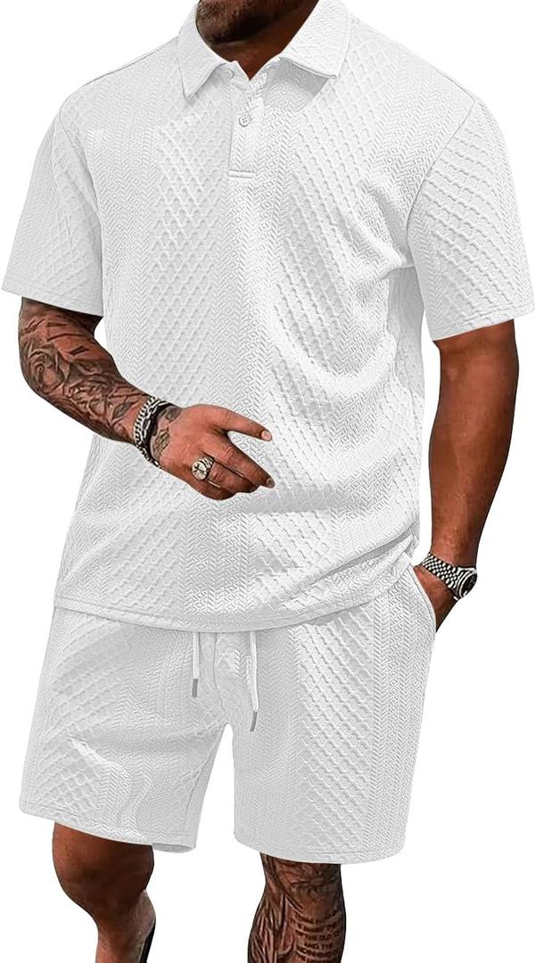 Men's 2 Pieces Outfits Casual Polo Shirt and Shorts Set Collar Athletic Jogging Summer Tracksuit (White, XL)