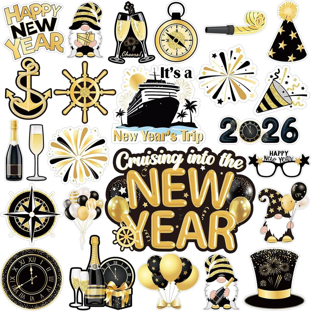 Xuhal 23 Pcs New Year Cruise Door Magnet Gold Black New Year Refrigerator Magnets Gnome Balloon Fridge Magnetic Stickers Garage Magnet for Holiday Car Cabin Door Decor