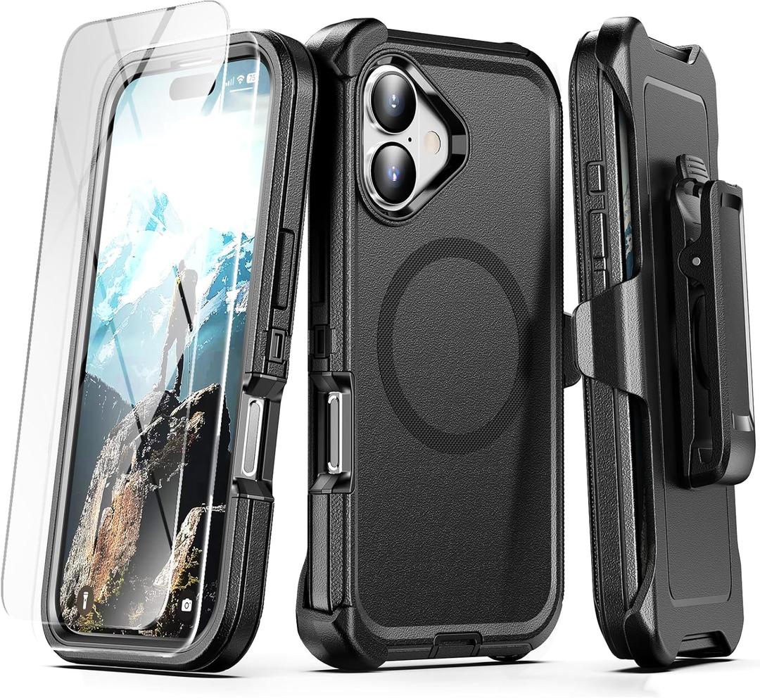 for iPhone 17 Case with Belt Clip Holster, Compatible with MagSafe, Shockproof, 3-Layer Drop Protection, Heavy Duty Magnetic Protective Phone Case Cover, 6.3", Dark Black