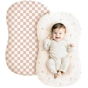 Konssy Muslin Baby Lounger Cover 2 Pack, 100% Cotton Newborn Lounger Cover, Soft and Breathable Lounger Slipcover for Boys Girls, Covers Only (Coffee Check,Moon), 30.3 in x 21.6 in / 77 cm x 55 cm