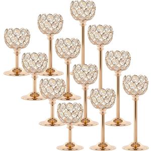Gold Crystal Tealight Candle Holders Set of 12 (4 Sets) - Tall Bling Bowl Candelabra Centerpieces for Dining Table, Wedding, Party & Fireplace Mantel Decor
