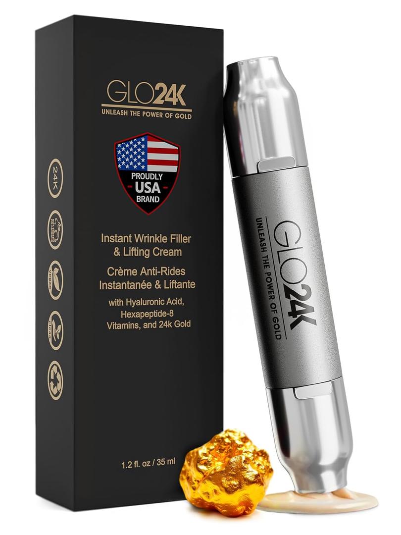GLO24K Instant Wrinkle Filler for Face, XL Lifting Cream for Eye and Face, Lift and Tightening Non-Invasive with Hyaluronic Acid, 24k Gold, Peptides and Vitamins for Youthful Appearance, 1.2 fl oz