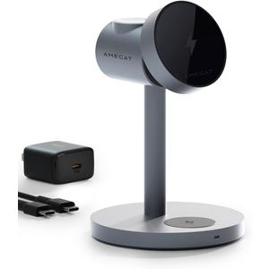 MagFusion 3-in-1 Charging Station Compatible with MagSafe, Qi2 Certified 15W Magnetic Wireless Charger Stand, for iPhone 17/16/15/14/13/12 Series, Apple Watch, AirPods(30W PD Charger Included) (Grey)