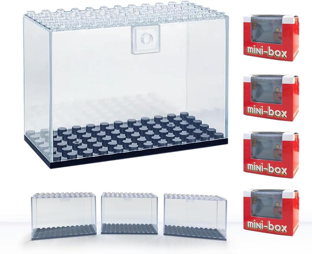Minifigure Display Cases - Acrylic Boxes for displaying Minifigs, Action Figures, Collectibles, Pops, Brick People, and Building Block Toys. Stackable and Wall Mountable, Dust-Proof, 4 Pack Gift Set