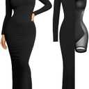 Popilush Women's Long Sleeve Maxi Dress Built-in Shapewear Bra Square Neck Fall Formal Wedding Guest Cocktail Bodycon Dresses, Large