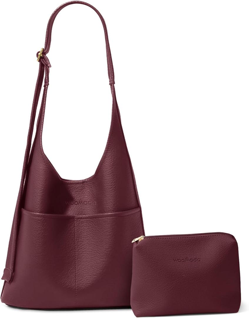 WOOMADA Hobo Bags for Women Ultra Soft Foldable Shoulder Slouchy Handbags with Coin Purse & Adjustable Strap (Maroon)