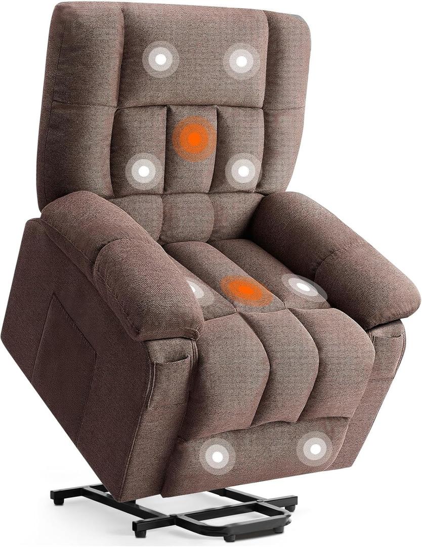 DUMOS Power Lift Recliner Chair with Vibration Massage and Heat for Elderly, Ergonomic Overstuffed Breathable Fabric Reclining Chair with 3 Pockets, Remote Control, Living Room, Bedroom, Brown