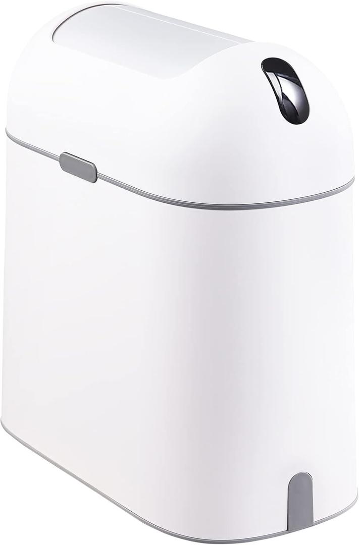 ELPHECO Bathroom Trash Can, 2.5 Gallon Motion Sensor Waterproof Trash Bin with Butterfly lid, Bathroom Decor Waste Basket Garbage Bin for Bedroom Kitchen and Office use, White with Grey Button