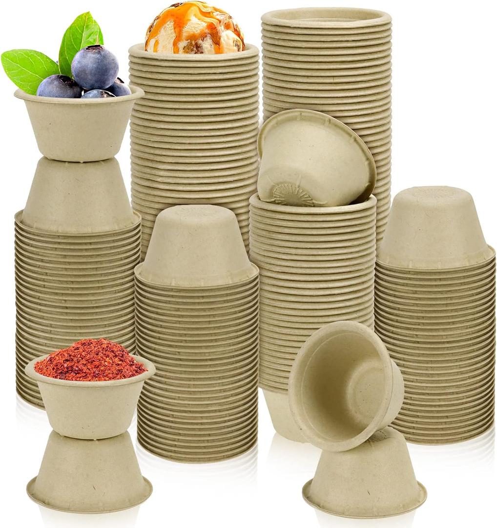 200 Pack 2oz Natural Sugarcane Paper Bowls, Compostable Paper Condiment Snack Sample Tasting Serving Cups Biodegradable Food Containers Small Dipping Cup (Brown)