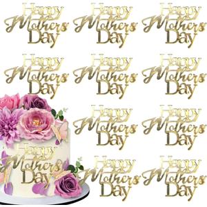mdgfge Happy Mother's Day Cake Toppers, 10Pcs Acrylic Mirror Design Gold Happy Mother's Day Cupcake Topper Engraved Cake Toppers Dessert Decor for Mother's Day Birthday Family Party DIY Supplies