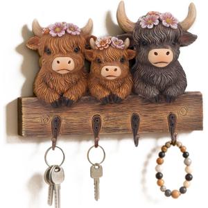 3D Highland Cow Key Holder Wall Mount, Rustic Farmhouse Key Hooks with 4 Metal Hooks, Decorative Resin Highland Cow Figurine Hanging Organizer Home Decor for Entryway Office Hallway and Living Room