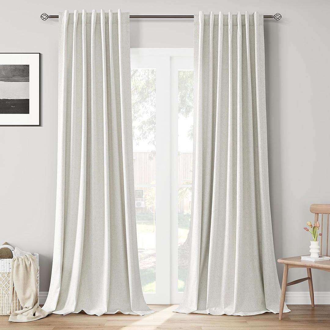 Joywell Linen Natural Cream Full Blackout Curtains 108 Inch Extra Long 2 Panels Set for Bedroom Living Room,Back Tab Rod Pocket Room Darkening Thermal Insulated Black Out Window Drapes,52x108 Inches