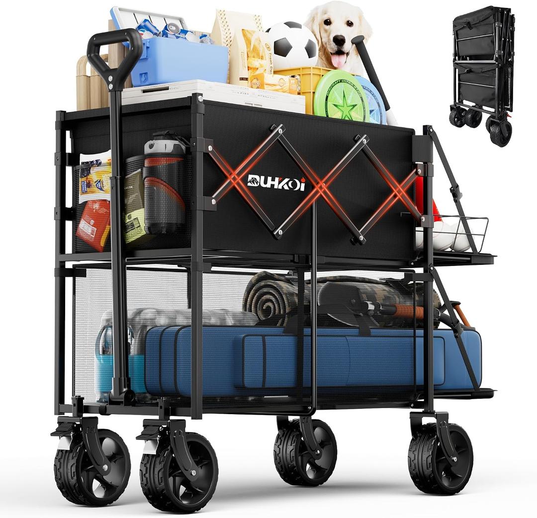 Double Decker Collapsible Wagon with Brakes, Folding Utility Cart with Big All-Terrain Wheels, 2-Tier Wagon for Camping Gear, Sports, Groceries, Shopping, Garden & Outdoor Use