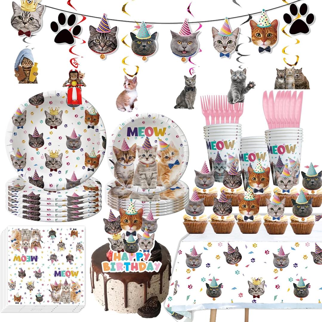 Cat Birthday Party Supplies for 20 Guests  Kitten Themed Birthday Decorations with Plates, Cups, Napkins, Banner, Hanging Swirls, Tablecloth, Cake Toppers and Cupcake Toppers for Cat Party (148PCS)
