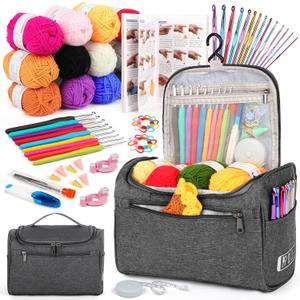Aeelike Crochet Kit for Beginners Young and Old, First Crochet Kit for Adults Include 23pcs Crochet Hooks, 655 Yards Yarn Set for Crocheting, Instruction, Bag, Crochet Accessories and Supplies, Grey