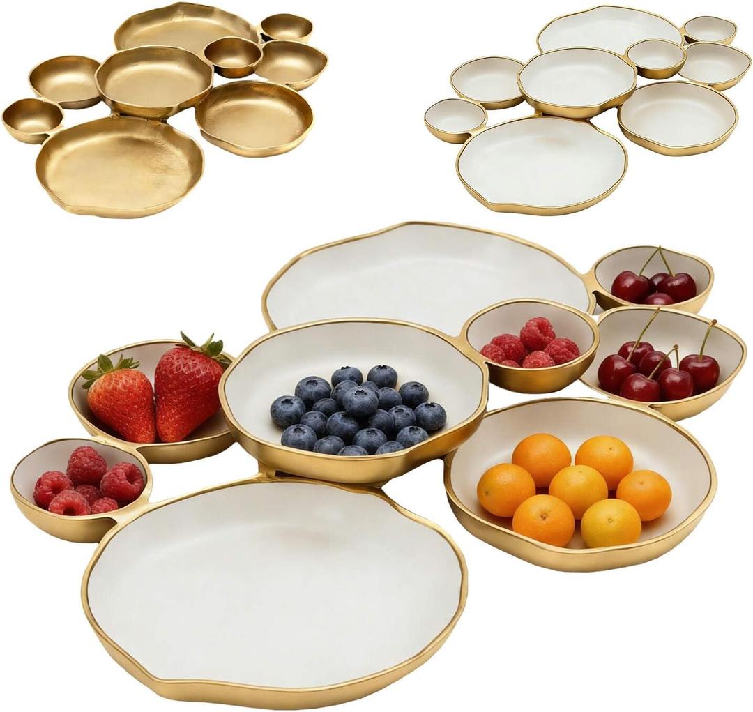 Cluster of 9 Round Serving Bowls, on an Elegant 22-Inch Gold Tray Perfect for Snacks Dips and Appetizers at Parties Weddings and Gatherings, A Decorative Multi-Bowl Platter for Entertaining, 15.75 x 11.81 x 2.36 inches