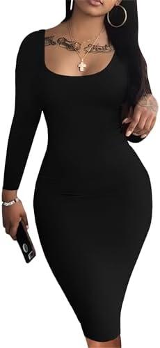 Nimsruc Womens Autumn Casual Sexy Long Sleeves Bodycon Dress Basic Pencil Midi Club Dresses, Size Small
