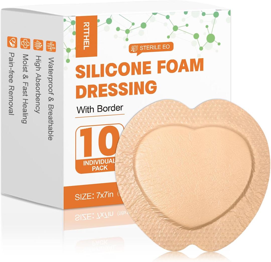 Sacrum Silicone Foam Dressing with Border, Sacral Foam Dressing, 7"X7" Bed Sore Bandages, Pressure Sore Pads for Buttocks Bed Sores, Large Bandages for Wounds, Wound Dressing Pads, 10 Pack
