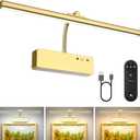 Picture Light with Remote, 15.35inch Wireless Rechargeable Battery Wall Light for Paintings, 3 Colors Paintings Light Dimmable and Timer Metal Art Light for Display, Wall, Artwork, Gallery (Gold)