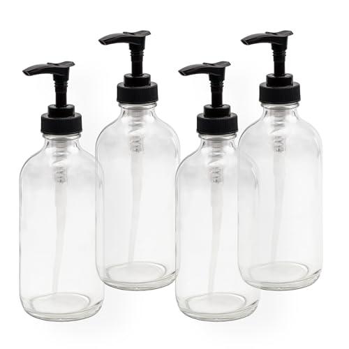 Cornucopia Brands 8oz Clear Glass Pump Bottles (4-Pack w/Black Plastic Pumps), Great as Essential Oil Bottles, Lotion Bottles, Soap Dispensers, and More