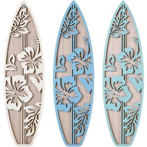RattanView 3 Pieces Surfboard Decor for Bedroom Wooden Beach Wall Decor Summer Wood Surfboard Wall Hanging Sign for Tropical Living Room Decoration(Hibiscus,Blue)