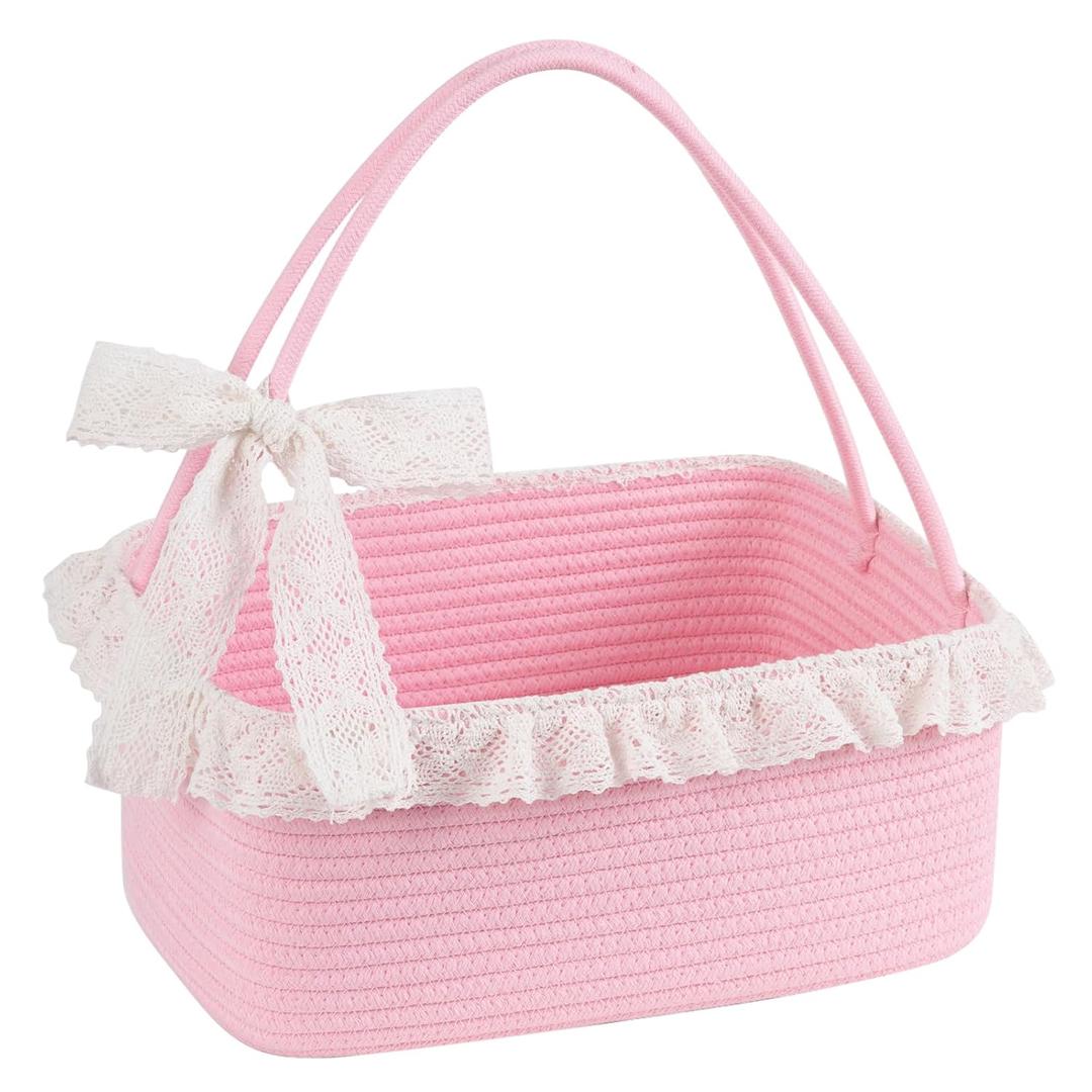 OIAHOMY Gift Basket with Long Handles, Large Woven Baskets for Gifts with Gift Bag, Ribbons and Lace, Cotton Rope Storage Basket for Birthdays, Baby Showers, Picnic, Wedding DIY Presents - Pink
