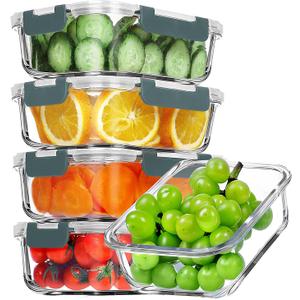 VERONES 5 Pack 36 OZ Glass Meal Prep Containers, Airtight Glass Lunch Containers Set, Glass Food Storage Containers with Lids,Exclusive of BPA, for Microwave, Oven, Freezer & Dishwasher Friendly,Grey