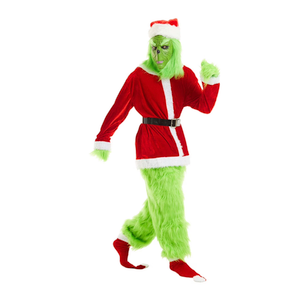 DJKFAEK Green Monster Santa Claus Costumes for Men,Christmas Furry Santa Claus Costume Include Mask for Halloween Cosplay (3XL)