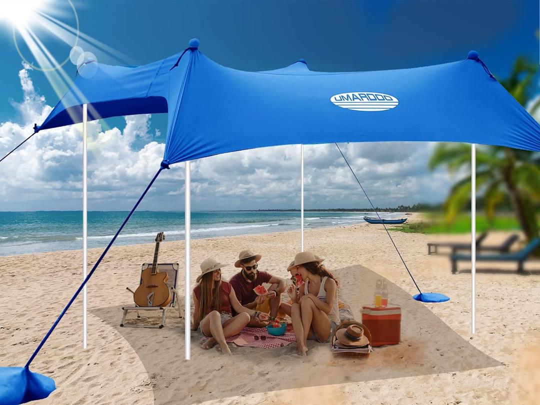 UMARDOO Family Beach Tent Canopy Sun Shade Portable 1010FT, Large Wind Resistance Beach Sun Shelter Easy Setup with Packable Carry Bag for Outdoor Travel UPF 50+ (Blue) (10X10 FT. 4Poles)