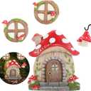 Miniature Fairy Garden Accessories Christmas Decorations Mushroom Fairy Door and Windows for Trees, Glow in The Dark Yard Garden Sculpture Lawn Ornament Outdoor Decor Accessories with Fairy Lantern