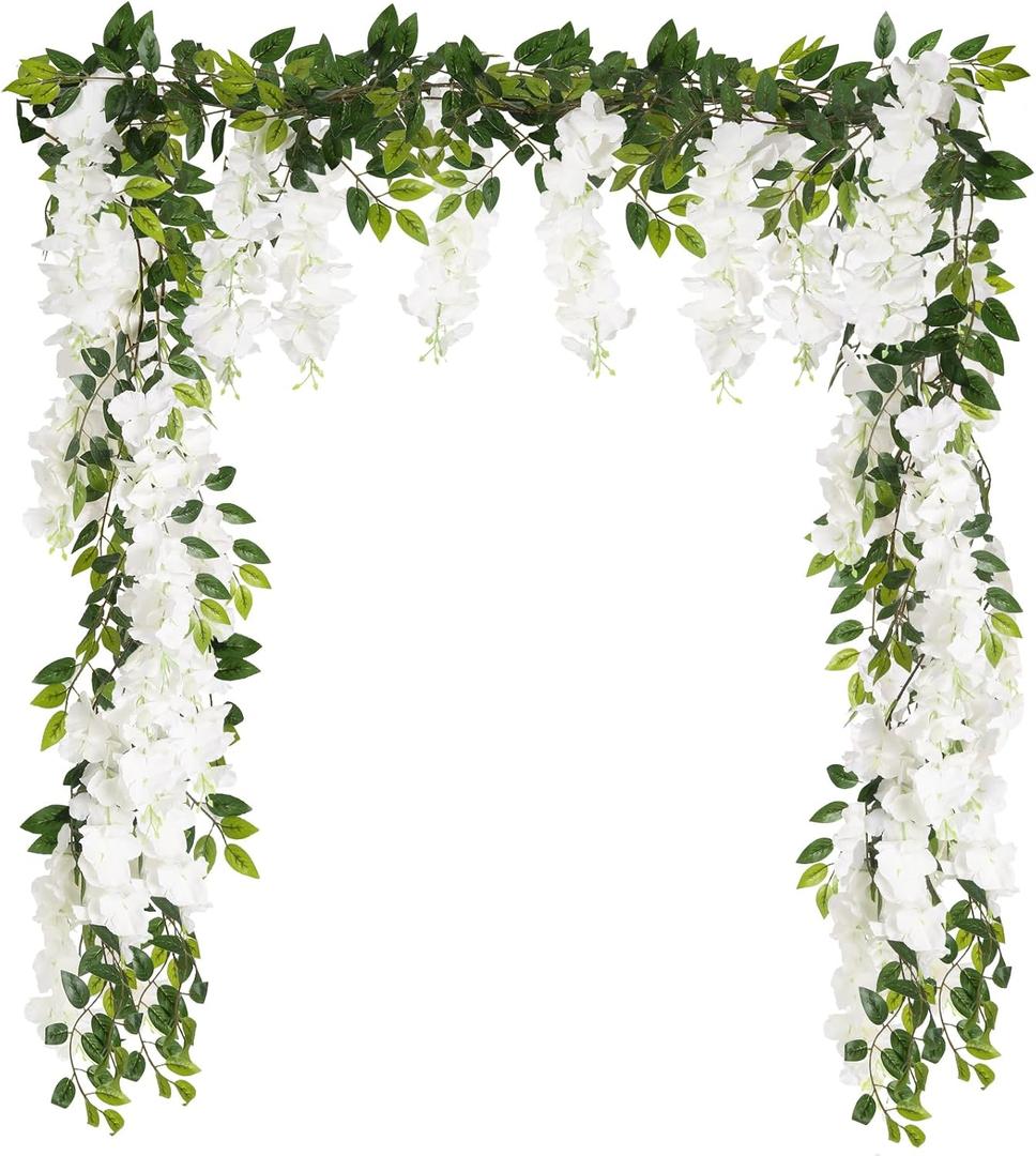 Wisteria Garland Artificial Flowers 2PCS 5.91FT/Peice Fake Wisteria Vines White Artificial Wisteria Rattan Silk Hanging Flowers for Wedding Arch Decorations Ceremony Garden Floral Decor