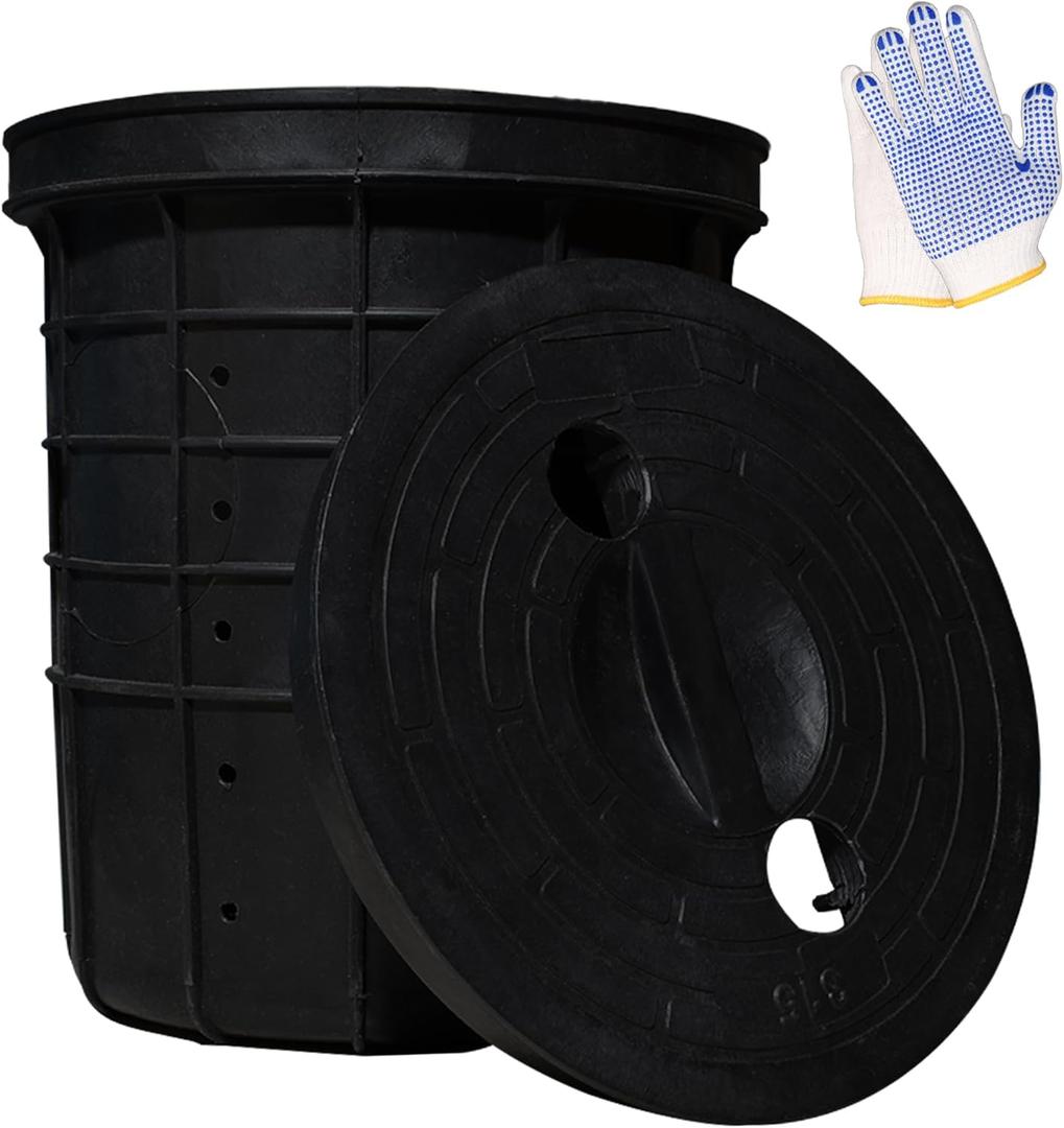 Perforated Sump Basin with Cover, Perforated Sump Pump Bucket with Drilled Holes for Crawl Spaces, Yards, Patios, Driveways and basements (13 x 11.4 x 15 Inch)
