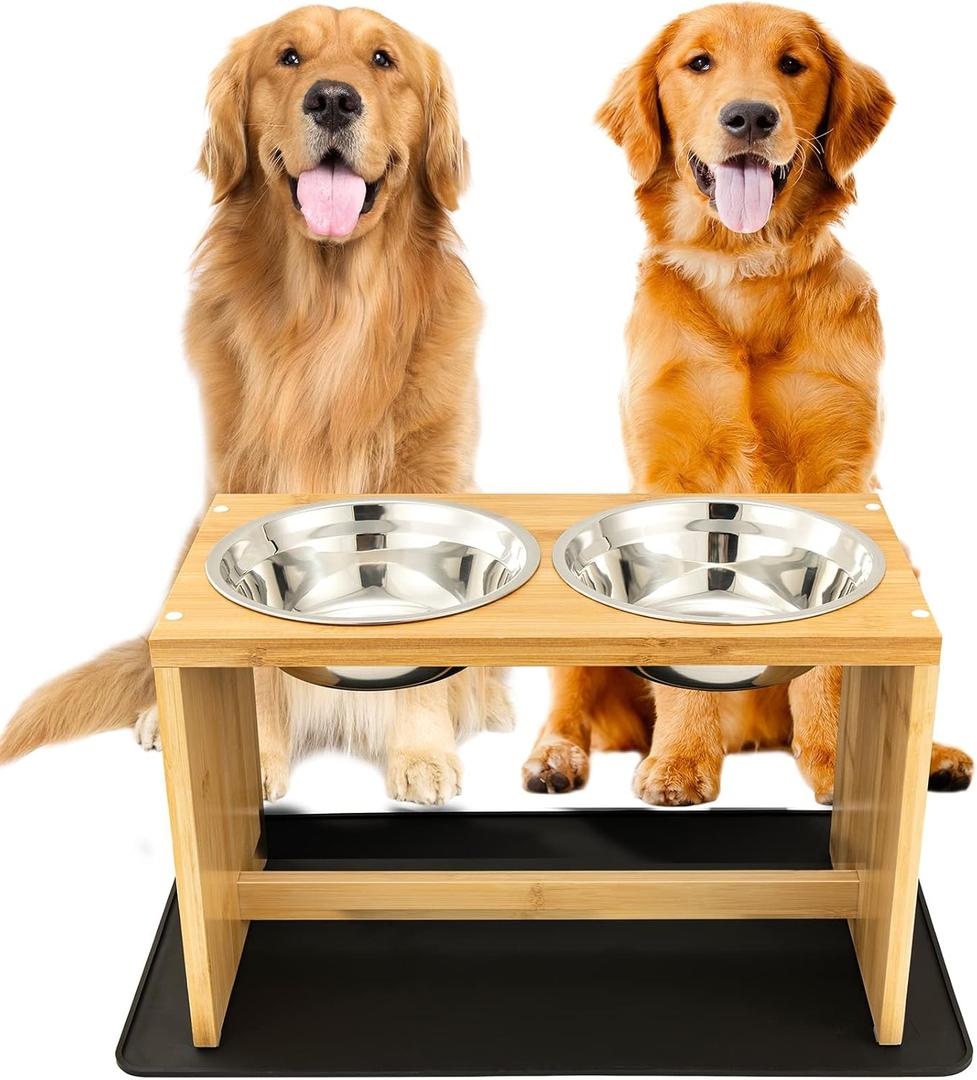 Yangbaga Elevated Dog Bowls, Raised Dog Feeding Station with 2 Bowls, Easy to Clean (Large, Bamboo)