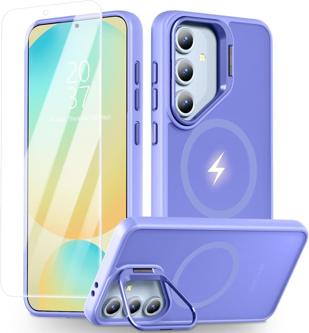 for Samsung Galaxy S24 FE Case [Compatible with Magsafe] [9H Glass Screen Protector] [Metal Camera Lens Stand] Translucent Matte Back Skin-Touch Phone Cover Case for Galaxy S24 FE