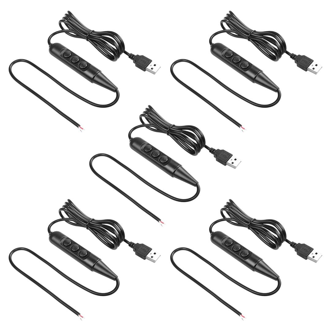 SinLoon USB Male with On/Off Switch to Stripped Ends, USB 2.0 6-Speed Dimming Switch Power Cable, for LED Strips Little Table Lamp and Other 5V Devices 5Pcs 1.5M/4.9FT (Black)