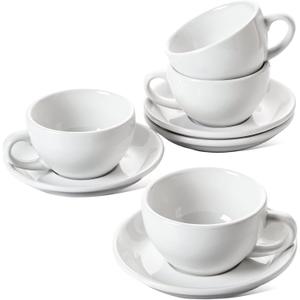 LE TAUCI Cappuccino Cups with Saucers 8 oz, Set of 4 Large Ceramic Coffee Cup Set for Latte, Au Lait, Flat White, Mocha, Tea Cup Set, Dishwasher Safe, Embossed Coffee Cups, White