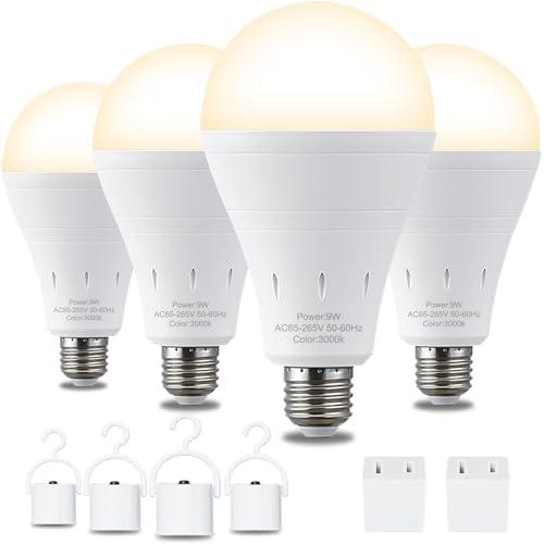 DEBAOBULB 4 Pack Rechargeable Emergency Light Bulbs, Battery Powered Energy Efficient LED Light Bulb 3000K Warm E26 120 Volt 9W 60W Equivalent with 1200mAh for Home Power Outage Camping Hurricane