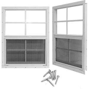Yuzzy 24" x 36" Shed Windows with Tempered Glass and Fiberglass Screen, 2 Pack Small Sliding Windows for Shed, Chicken Coop, Playhouse, Household, Garage, Barns (White)