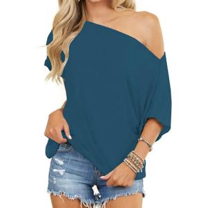 Eniloyal Off The Shoulder Tops for Women Short Sleeve Trendy T Shirts Loose Batwing Summer Going Out Oversized Blouse Tunic (Large, Denim Blue)