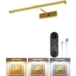 EZVALO Picture Light for Wall, 4800mAh Rechargeable Wireless Remote, 13in Dimmable Magnetic LED Art Display Light with 3 Color Temperatures, for Gallery, Living Room, Bedroom, Hallway (Gold)