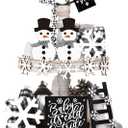 12 Pcs Winter Tiered Tray Decor Set Snowman Snowflake Table Wood Sign Farmhouse Tabletop Signs for Winter Home Table Holiday (Black White)