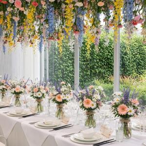 3 Pcs Artificial Flowers with Vase Spring Fake Wildflower Flowers in Vase for Home Decor Lavender Tulip Daisy Faux Floral Arrangement for Table Centerpieces Farmhouse Coffee Table Decor