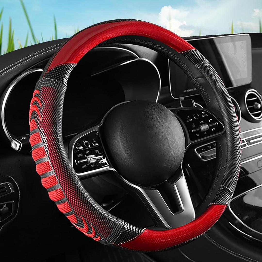 5D Honeycomb Black Red Car Steering Wheel Cover,14.5-15 Inch Universal Carbon Fibre Leather Covers Breathable Anti-Slip Odorless Steering Wheels Accessories for Men Women